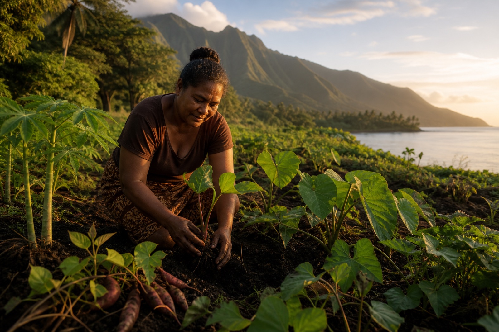 A Pacific farmer tending a diverse mixed root-crop plot in warm late-afternoon light.
