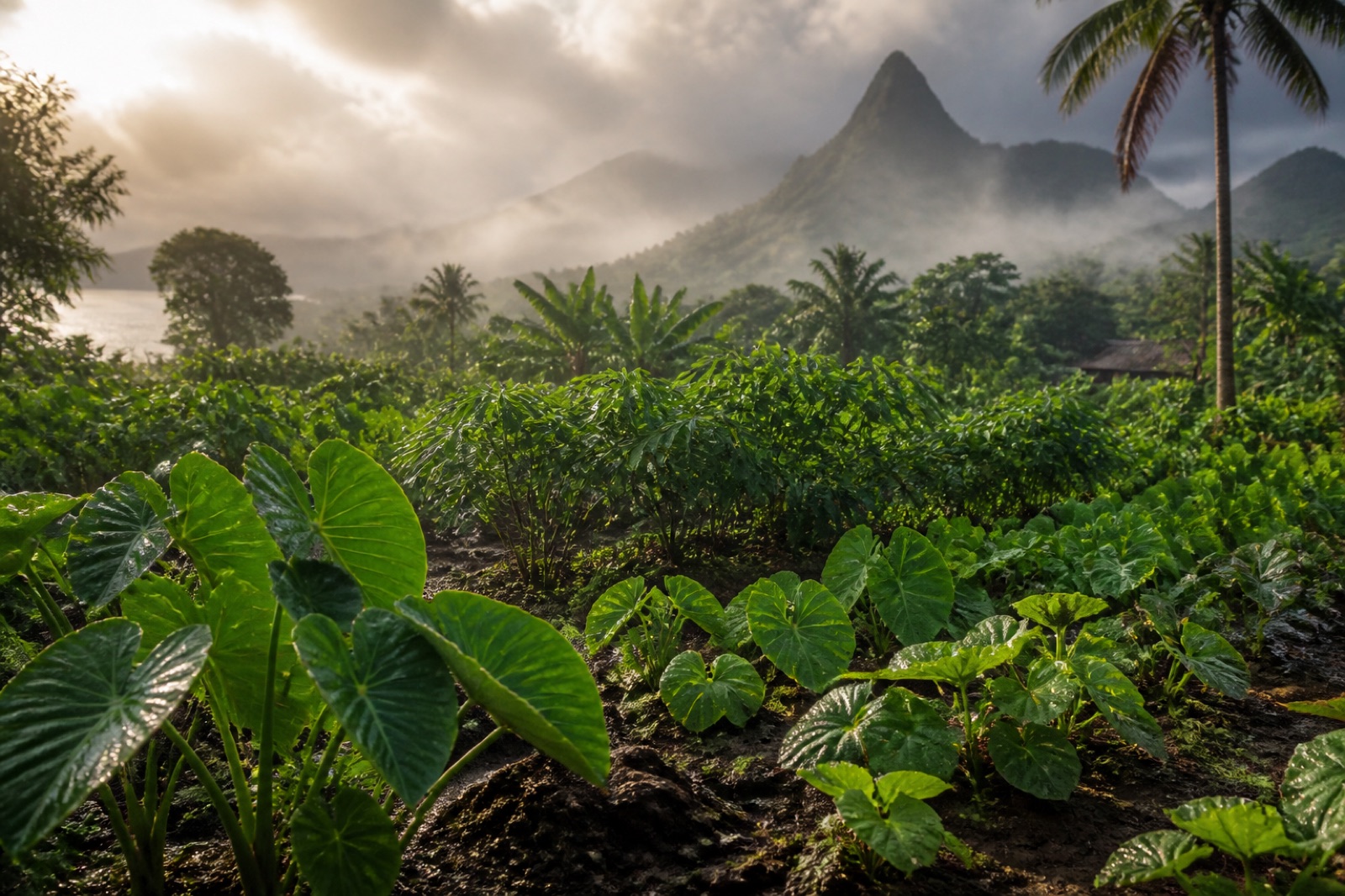 A living mixed root-crop garden after rain — cassava, taro and sweet potato green and intact under soft mist.