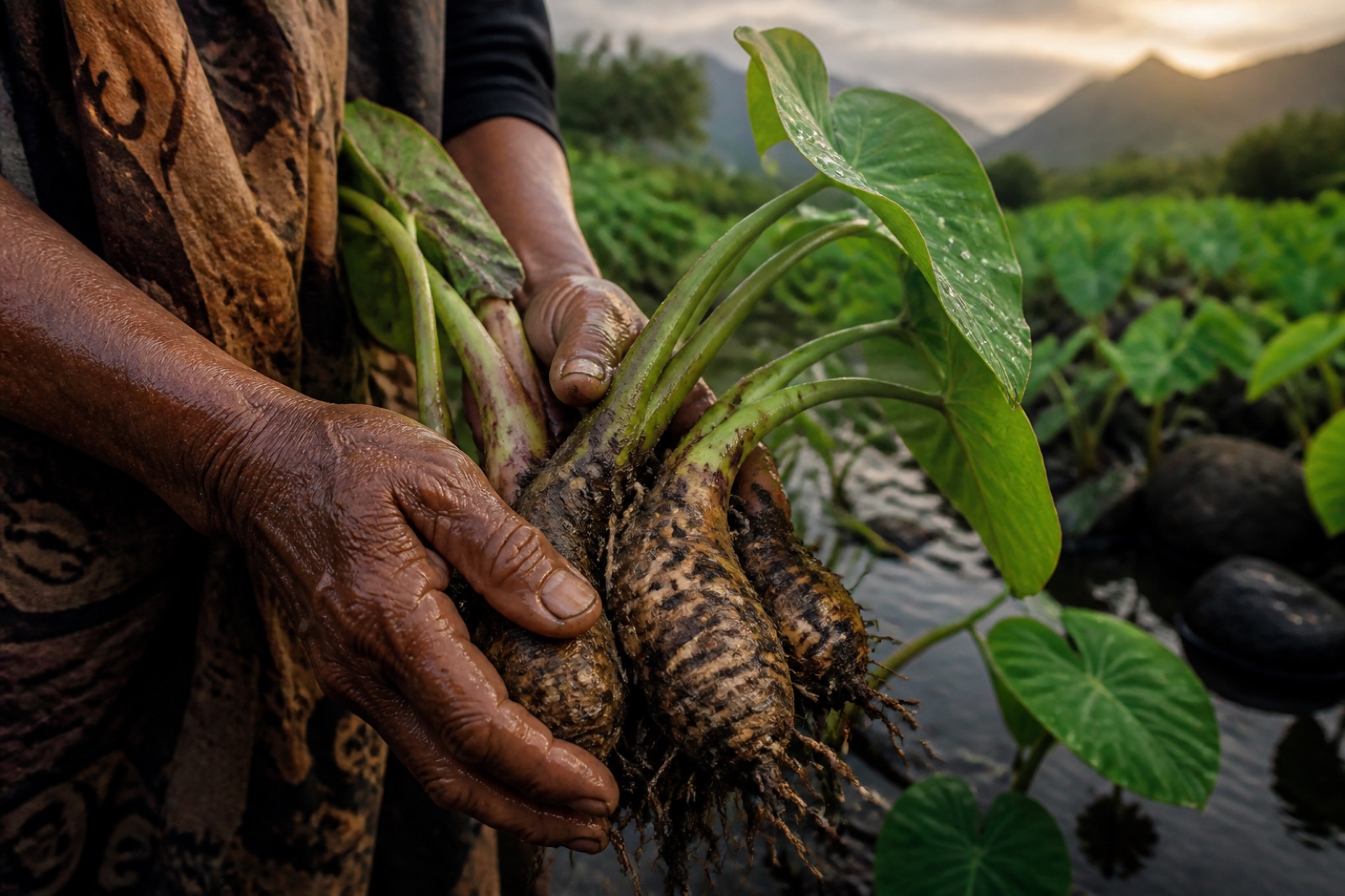 Weathered hands holding freshly harvested taro in soft morning light.